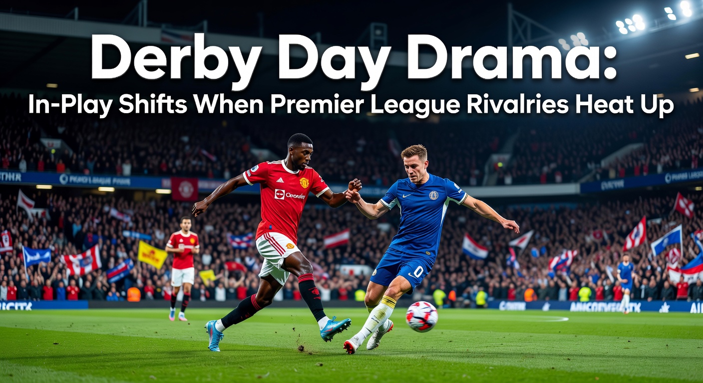 Crowd erupts during a heated Premier League derby match, with players clashing and fans waving flags in intense rivalry atmosphere