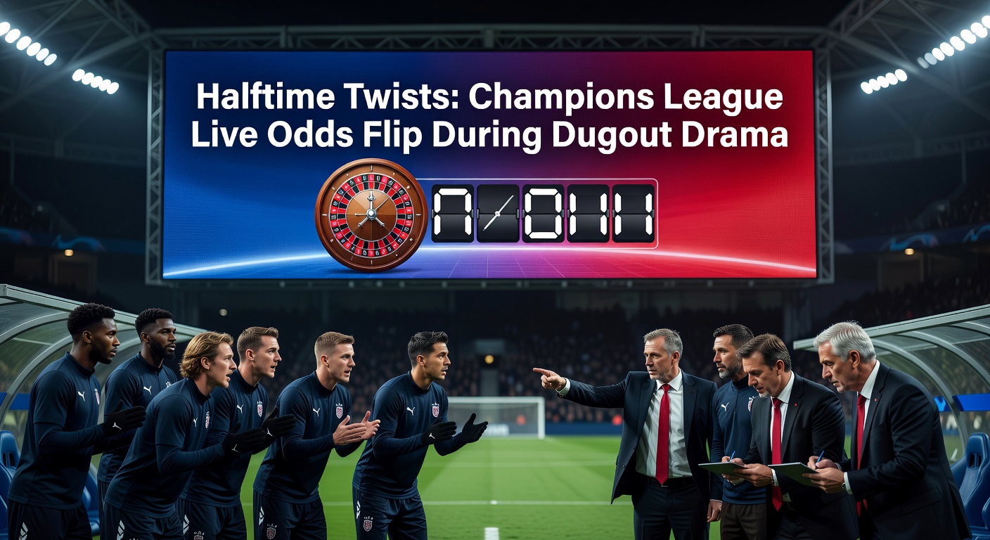 Dramatic halftime scene in Champions League match with managers gesturing intensely from the dugout amid tense atmosphere