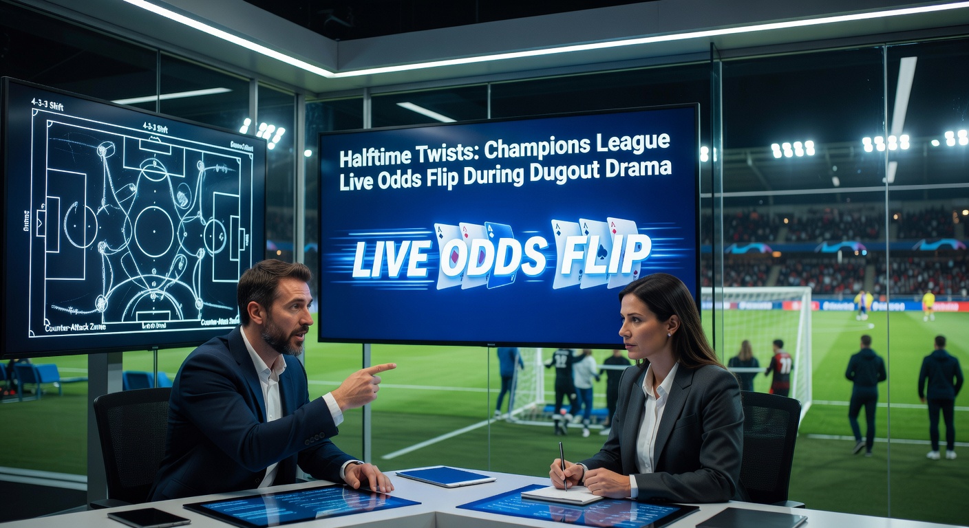 Close-up of Champions League dugout tension with coaches debating tactics and odds overlay showing live shifts