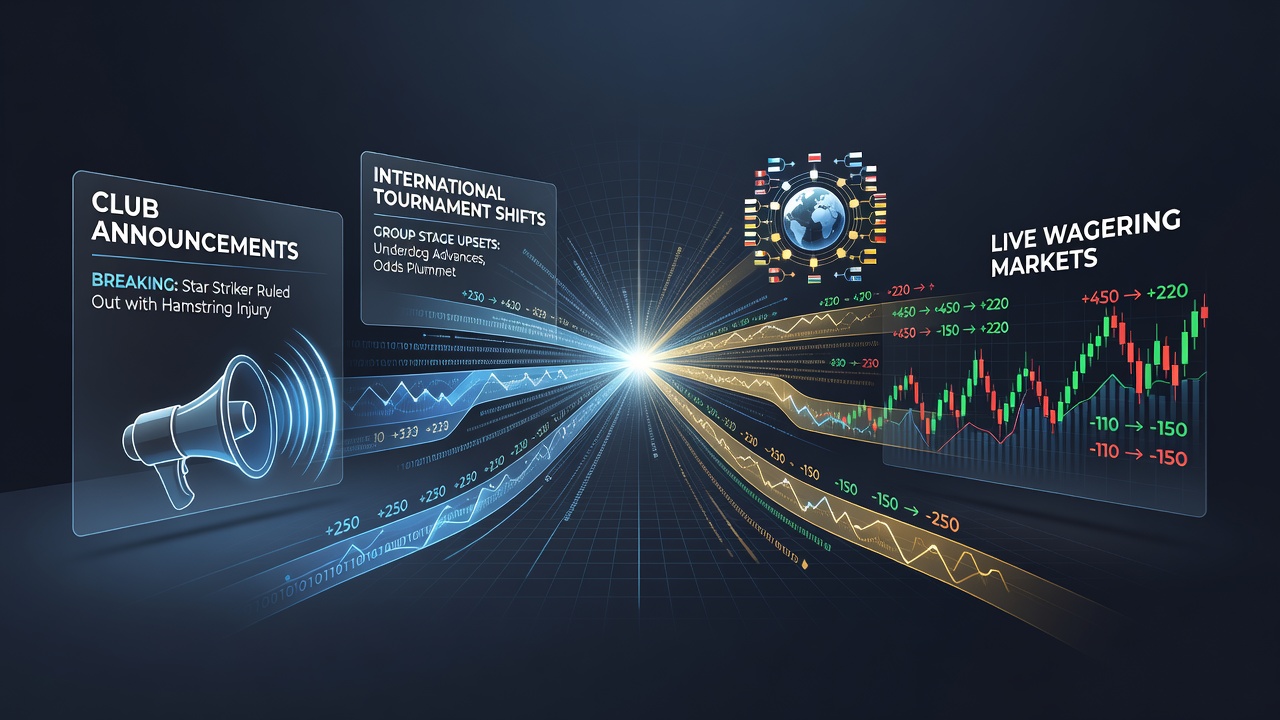 Illustration showing club press conferences and tournament schedule boards converging to influence digital betting interfaces