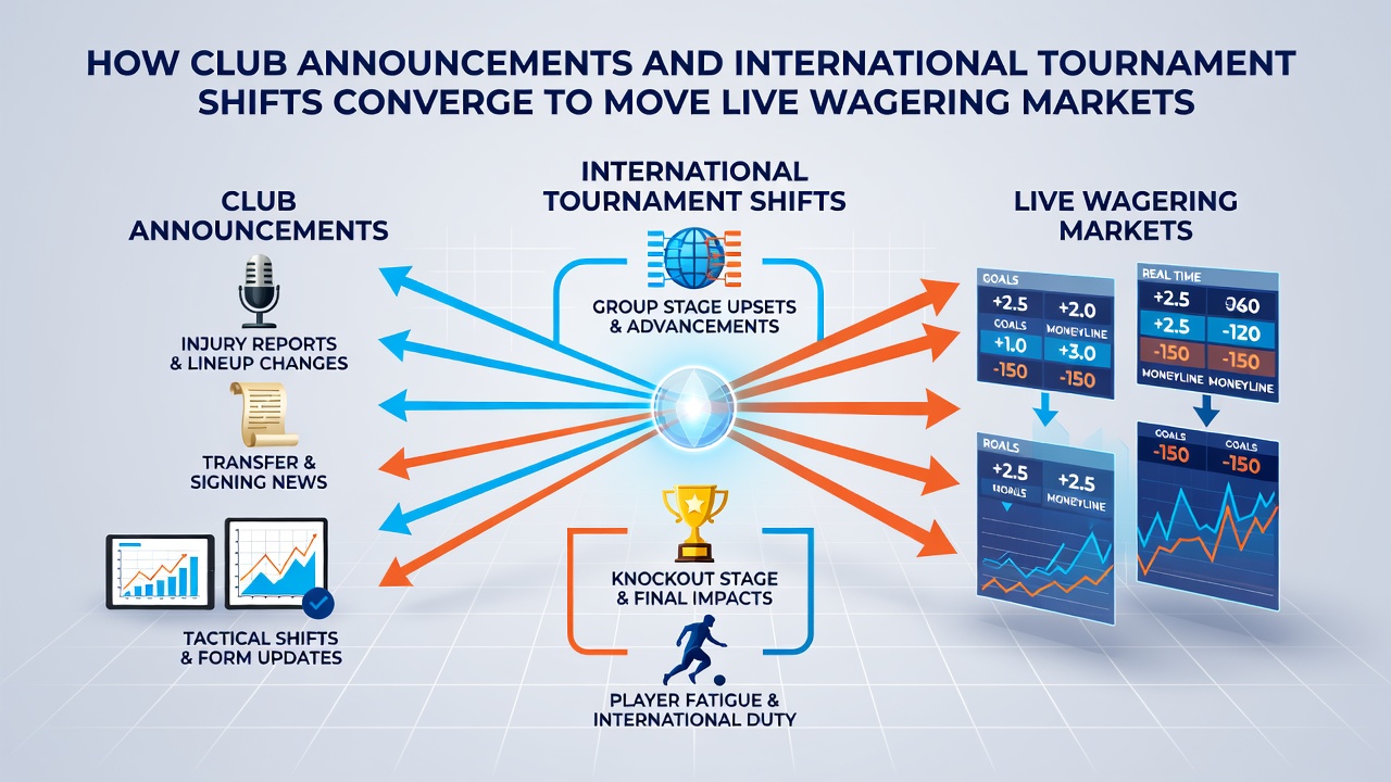 Split screen graphic depicting real-time odds boards alongside tournament venue maps and club statement feeds