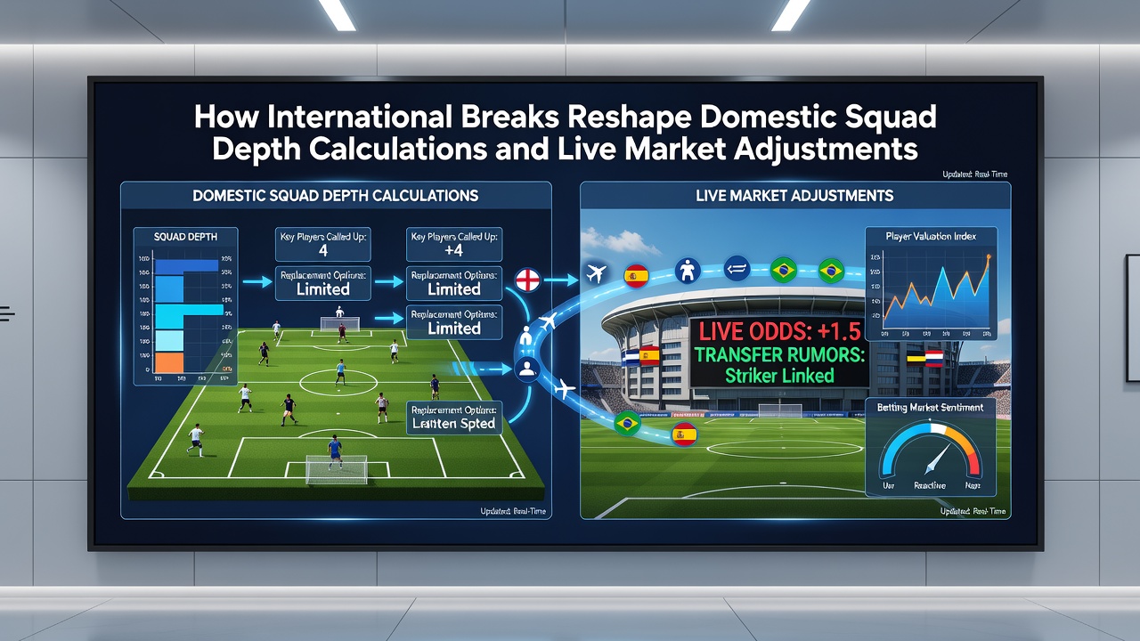 Transfer market analysts reviewing player availability lists during an international break on multiple computer screens