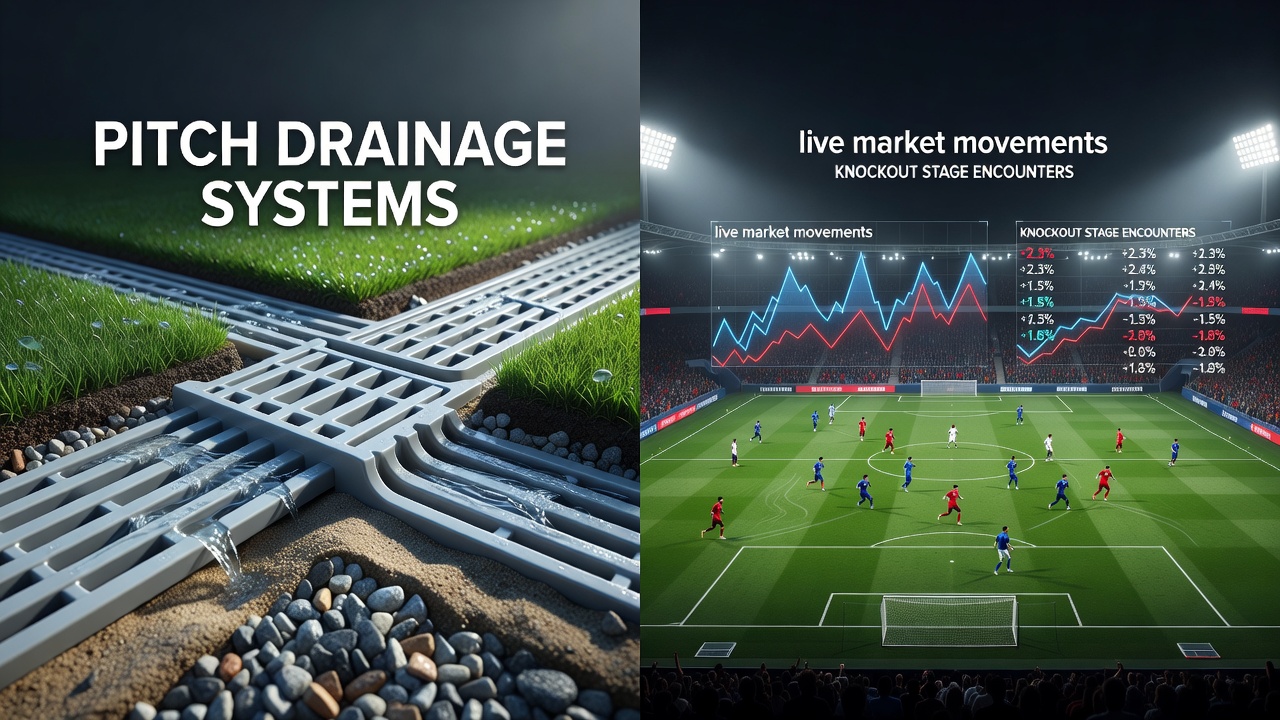 Football pitch with advanced drainage system during a heavy rain match in a knockout tournament