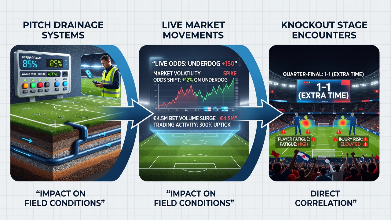 Live betting terminal displaying shifting odds during a rain-affected knockout football match