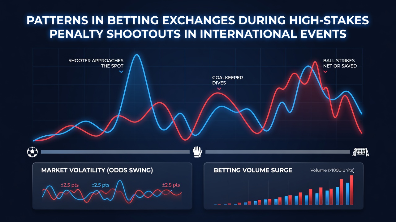 Betting exchange dashboard displaying live odds movements during a penalty shootout in an international match