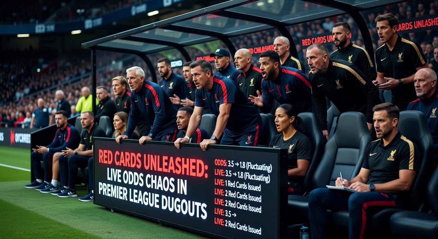 A Premier League manager reacts intensely from the dugout as a referee brandishes a red card during a heated match, with live odds screens flickering in the background