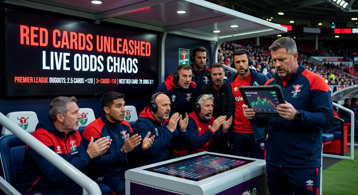 Close-up of a referee showing a red card to a Premier League player, with the dugout in chaos and overlaid graphics showing live odds shifting dramatically from 2/1 to 10/1