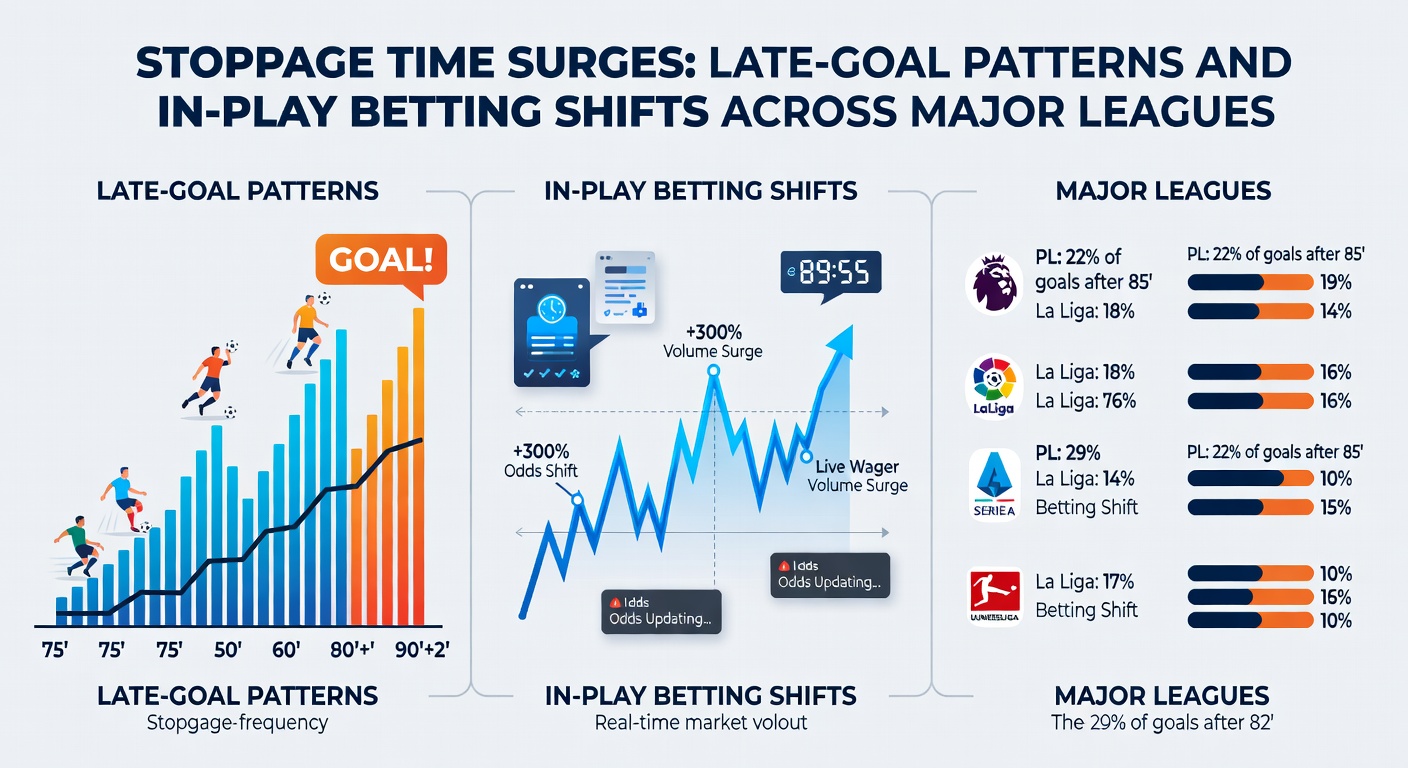 Graph showing late-goal percentages across major European leagues, with bars rising sharply for Bundesliga and Premier League in stoppage time