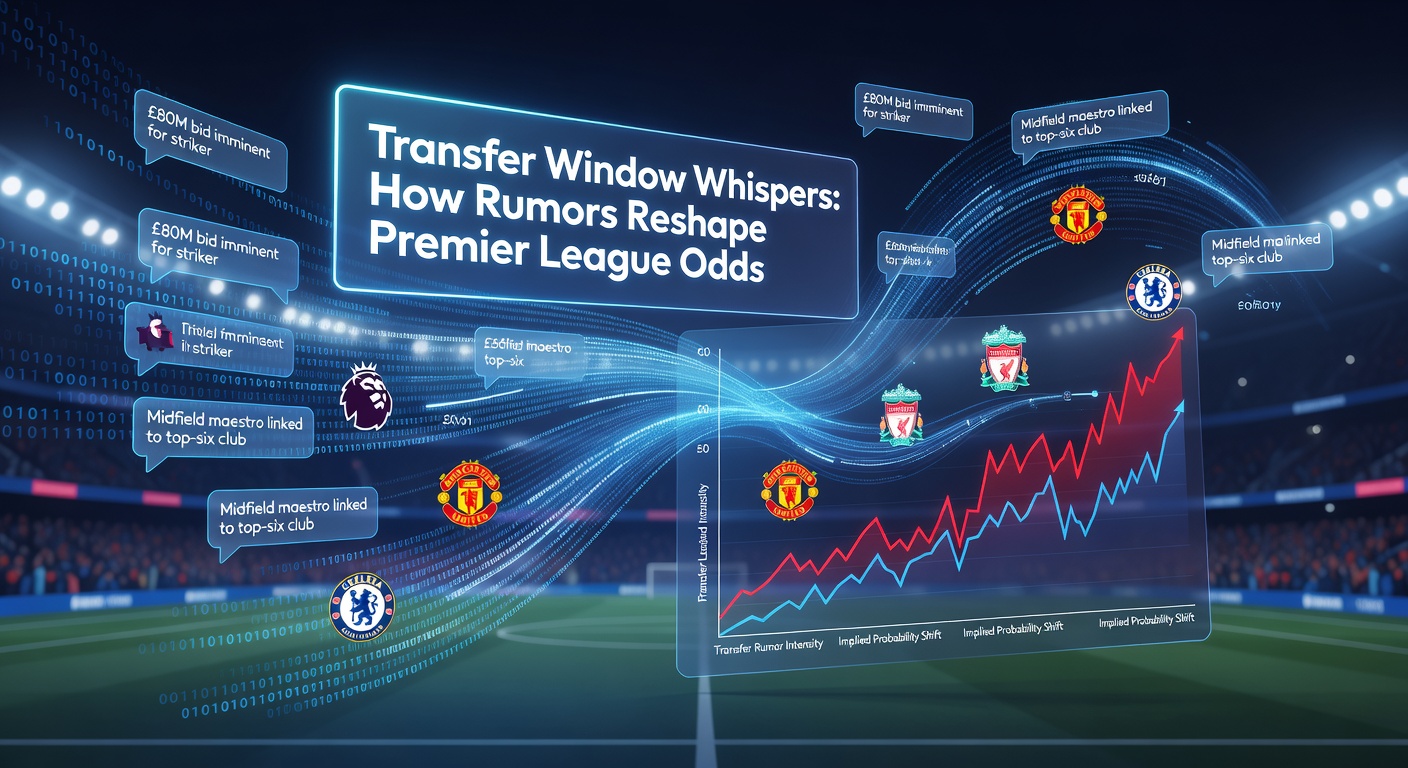 Collage of Premier League players with swirling rumor clouds and fluctuating betting odds graphs in the background, capturing the chaos of transfer speculation