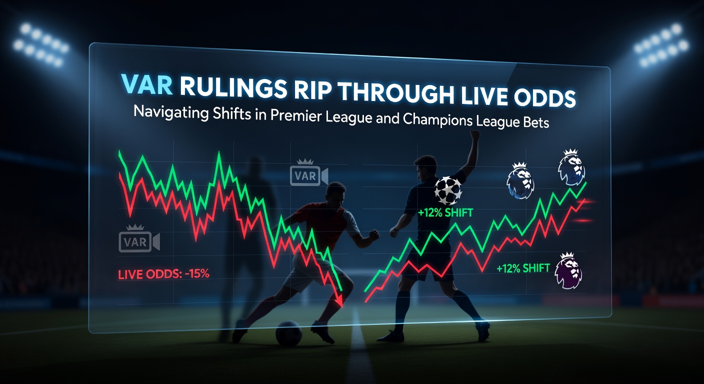 VAR officials reviewing a tight offside call on a stadium screen during a Premier League match, with live odds fluctuating in the background