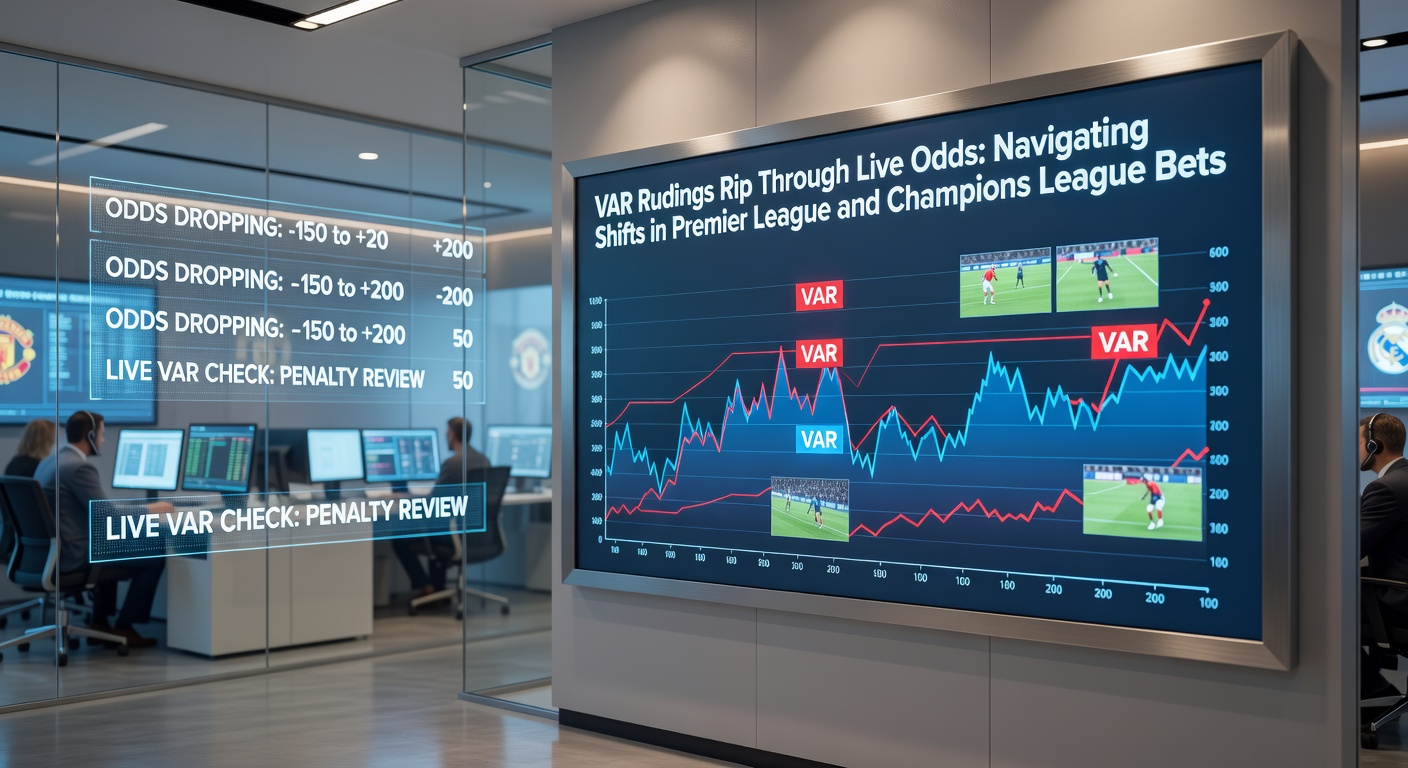A split-screen graphic showing pre- and post-VAR odds changes for a Champions League penalty decision, overlaid on a tense stadium moment