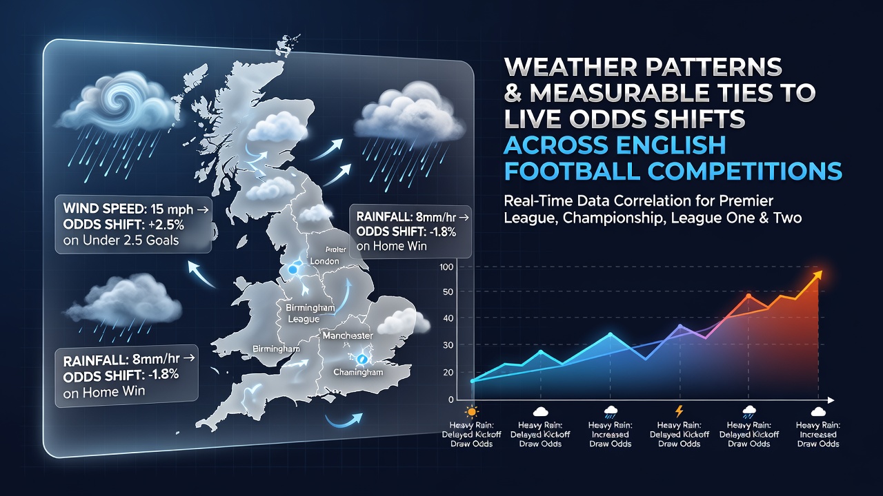 Football pitch under varying weather conditions with data overlays showing odds fluctuations