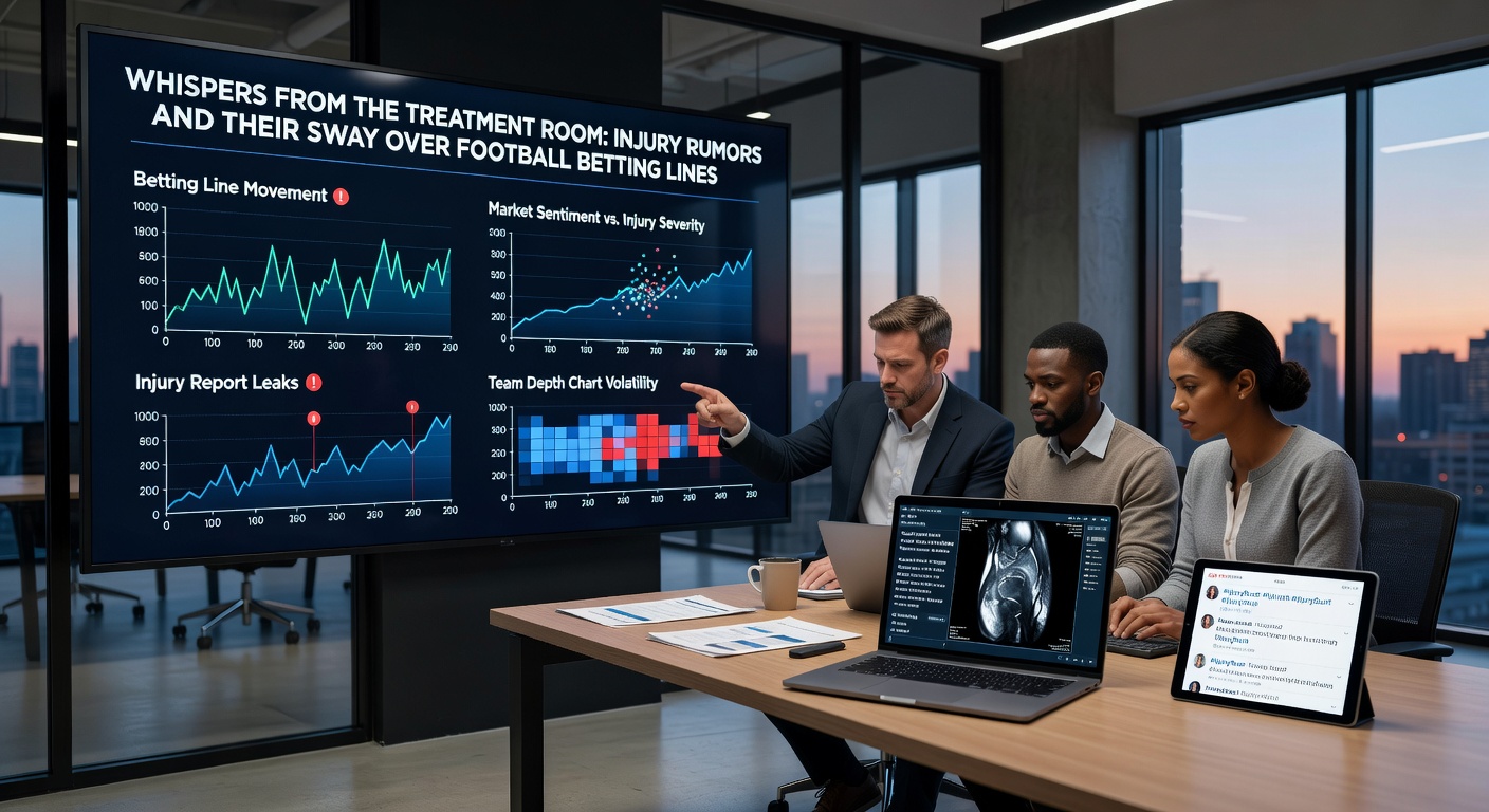 Bookmakers' screens displaying shifting odds as injury news breaks, with graphs showing line movements in red and green
